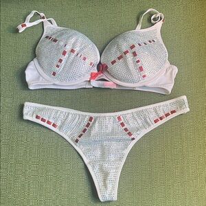 Victoria's Secret White and Red Crystal Bra & Thong